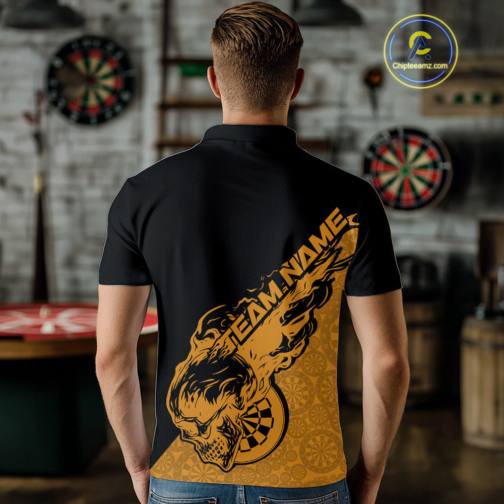 Custom Yellow Flame Skull Dartboard Dart Men Polo Shirt, Halloween Dart Team Outfit IPHW9947