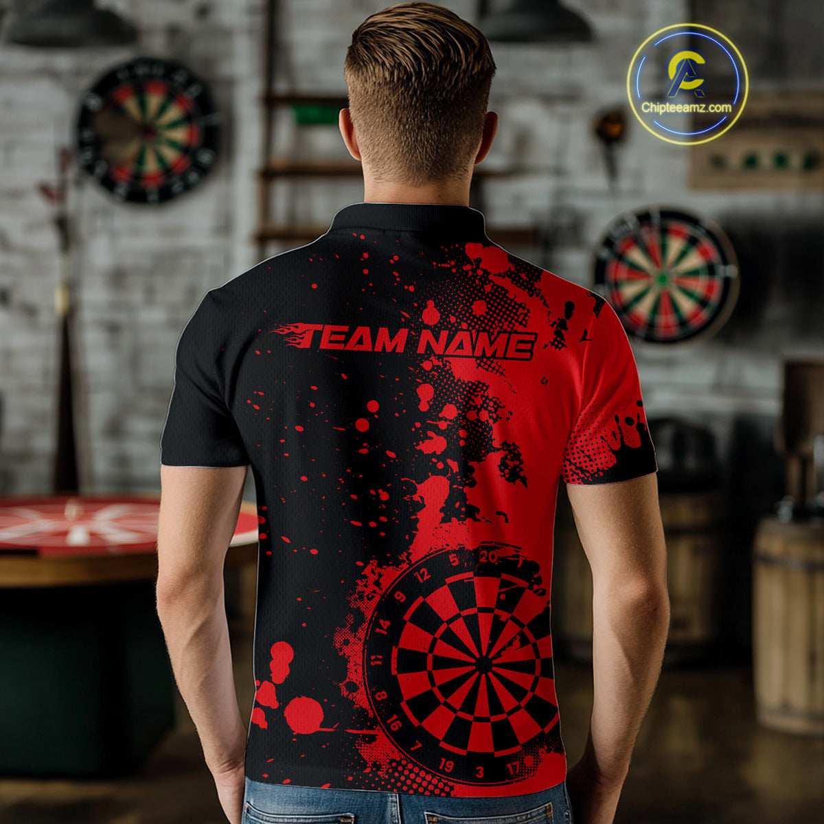 Custom Black And Red Splatter Dartboard Dart Polo Shirt For Men, Grunge Dart Team Jerseys IPHW9956