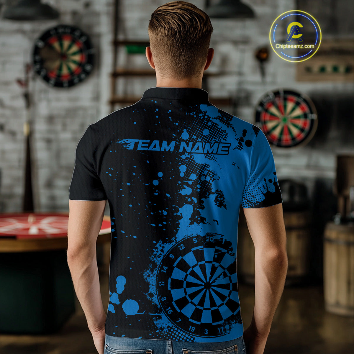 Custom Black And Blue Splatter Dartboard Dart Polo Shirt For Men, Grunge Dart Team Jerseys IPHW9958