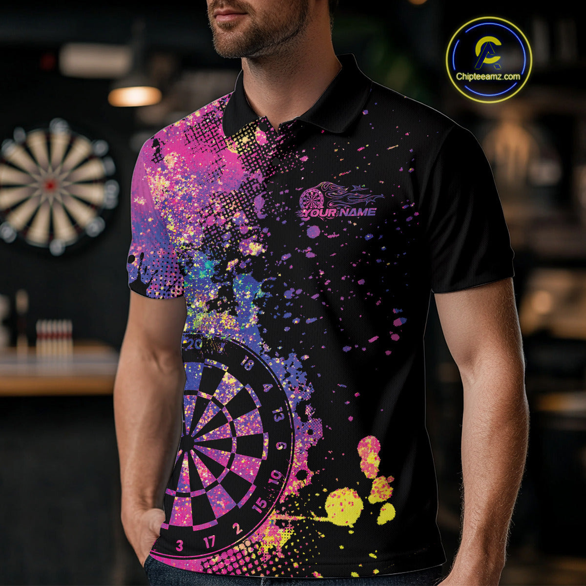 Custom Colorful Splatter Dartboard Dart Polo Shirt For Men, Grunge Dart Team Jerseys IPHW9960