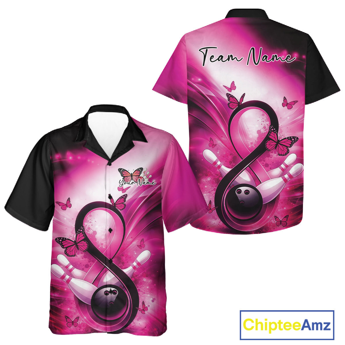 Front and back views of a bowling button-up shirt showcasing awareness-themed bowling artwork with butterfly accents.