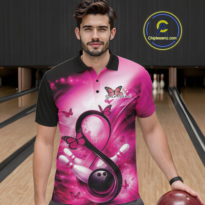 Male model at a bowling alley wearing a bowling polo decorated with awareness-themed bowling graphics and butterflies.