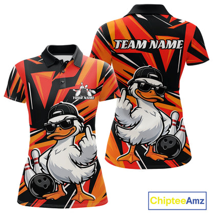 Womens bowling polo mockup shown from front and back with a duck beside a bowling ball and pins on a black and orange color scheme.