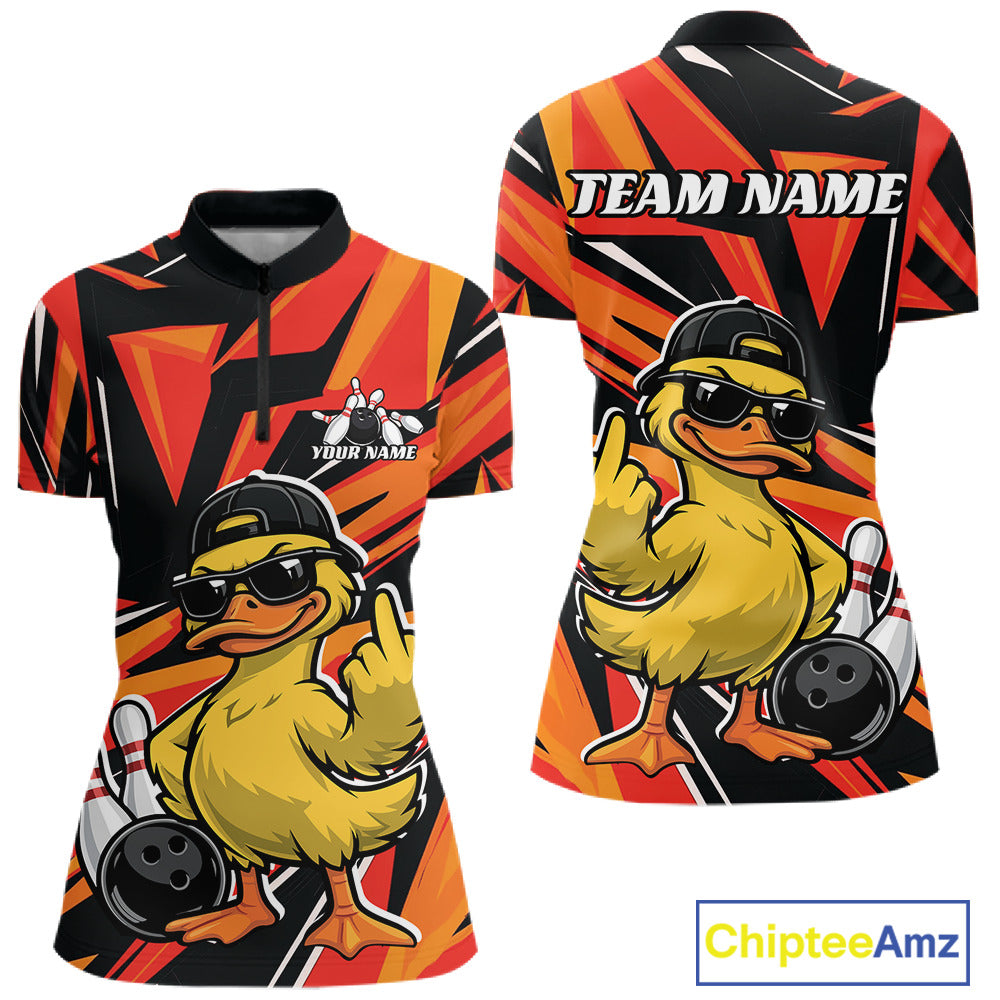 Womens black and orange quarter-zip bowling shirt shown from front and back with a duck, bowling ball, pins, and geometric artwork.