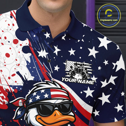 Close-up left chest detail of a bowling polo displaying a duck in sunglasses beside a bowling ball.