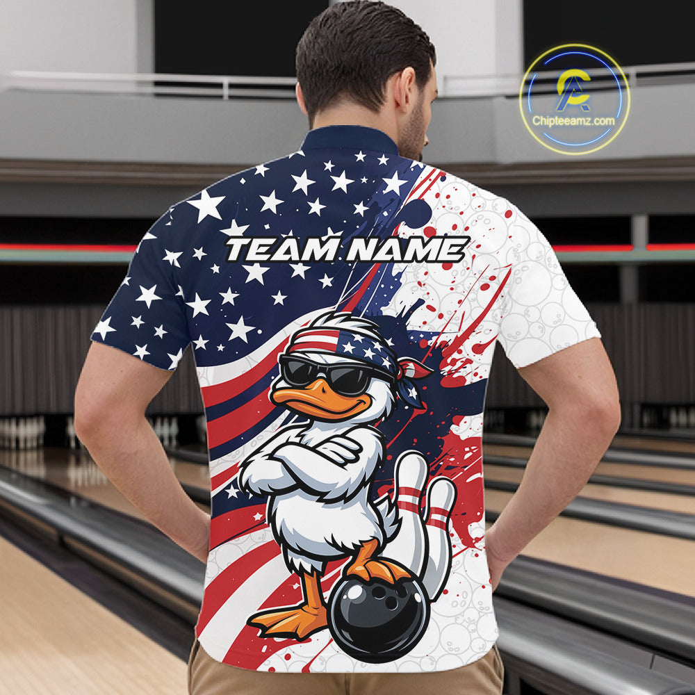 Back view female model wearing polo shirt with pink bowling ball striking pins butterfly themed artwork