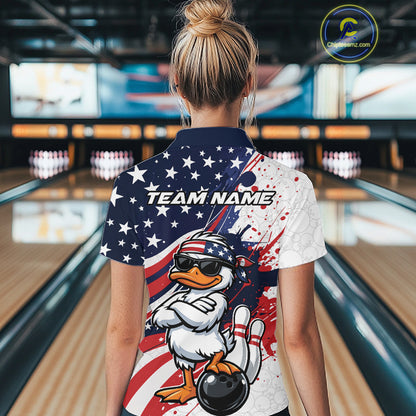 Back view female model in bowling lane wearing quarter-zip shirt with patriotic duck sunglasses bowling graphic design
