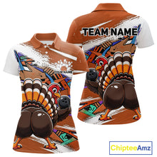 Load image into Gallery viewer, Front and back views of an orange custom women's bowling polo shirt featuring a funny graffiti turkey holding a bowling ball, paint splatter accents, and a personalized name.
