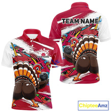 Load image into Gallery viewer, Front and back views of a red custom men's bowling polo shirt featuring an urban street style graffiti turkey holding a bowling ball.