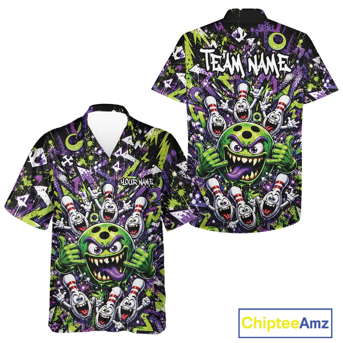 Front and back view of a green and purple button-up bowling shirt showcasing a mischievous green monster bowling ball with sharp teeth, a purple tongue, playful hand gesture, and cheerful cartoon bowling pins.