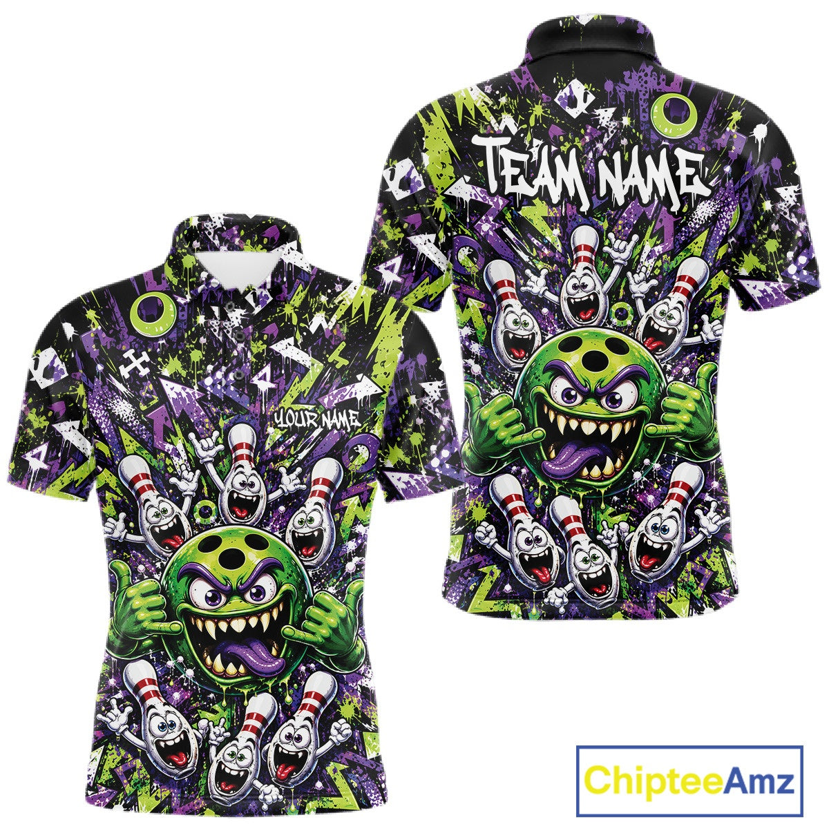 Front and back view of a green and purple men's bowling polo shirt featuring a mischievous green monster bowling ball with sharp teeth, a purple tongue, playful hand gesture, and cheerful cartoon bowling pins.