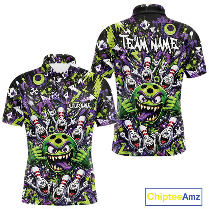 Front and back view of a green and purple men's bowling polo shirt featuring a mischievous green monster bowling ball with sharp teeth, a purple tongue, playful hand gesture, and cheerful cartoon bowling pins.