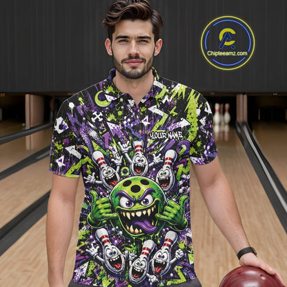 Front view of a male model at a bowling lane wearing a green and purple bowling polo shirt featuring a mischievous green monster bowling ball with sharp teeth, a purple tongue, playful hand gesture, and cheerful cartoon bowling pins.