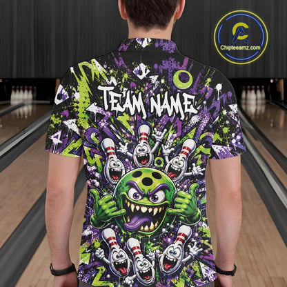 Back view of a male model wearing a green and purple bowling polo shirt in a bowling lane, featuring a mischievous green monster bowling ball with sharp teeth, a purple tongue, playful hand gesture, and cheerful cartoon bowling pins.