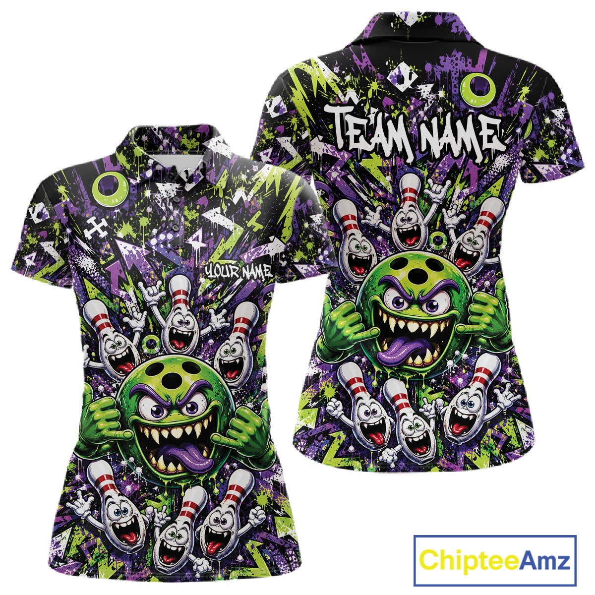 Front and back view of a green and purple women's bowling polo shirt displaying a mischievous green monster bowling ball with sharp teeth, a purple tongue, playful hand gesture, and cheerful cartoon bowling pins.