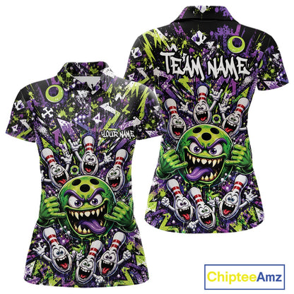 Front and back view of a green and purple women's bowling polo shirt displaying a mischievous green monster bowling ball with sharp teeth, a purple tongue, playful hand gesture, and cheerful cartoon bowling pins.