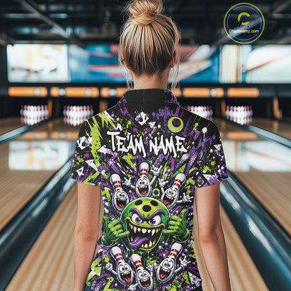 Back view of a female model in a bowling lane wearing a green and purple bowling polo shirt showcasing a mischievous green monster bowling ball with sharp teeth, a purple tongue, playful hand gesture, and cheerful cartoon bowling pins.