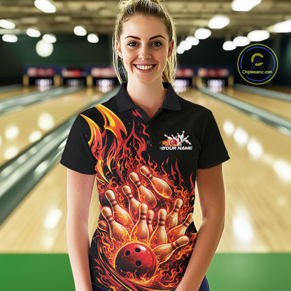 Female model in bowling lane wearing polo shirt with flaming bowling ball striking pins turquoise blue dynamic sports design