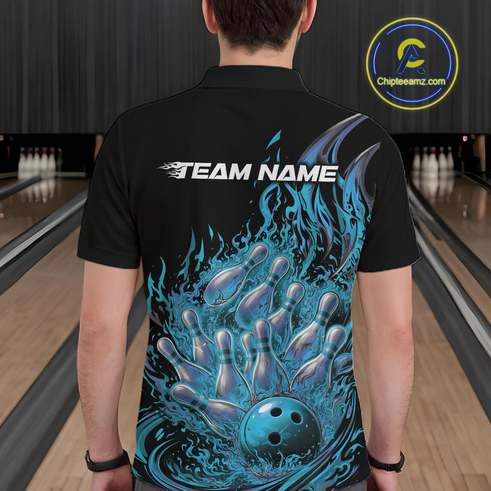Back view of a black and blue bowling polo shirt featuring dynamic flame graphics and bowling pins.