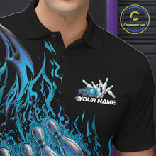 Load image into Gallery viewer, Custom Blue Fire Flame Bowling Men Polo Shirts, Bowling Team League Shirt IPHW11138