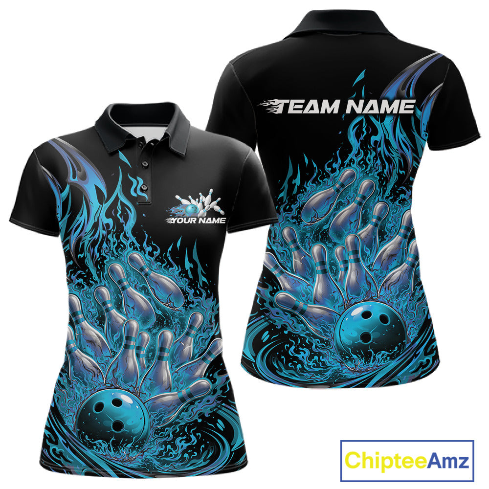 Front and back view of a women’s polo shirt featuring flaming bowling ball striking pins purple explosive fire burst artwork