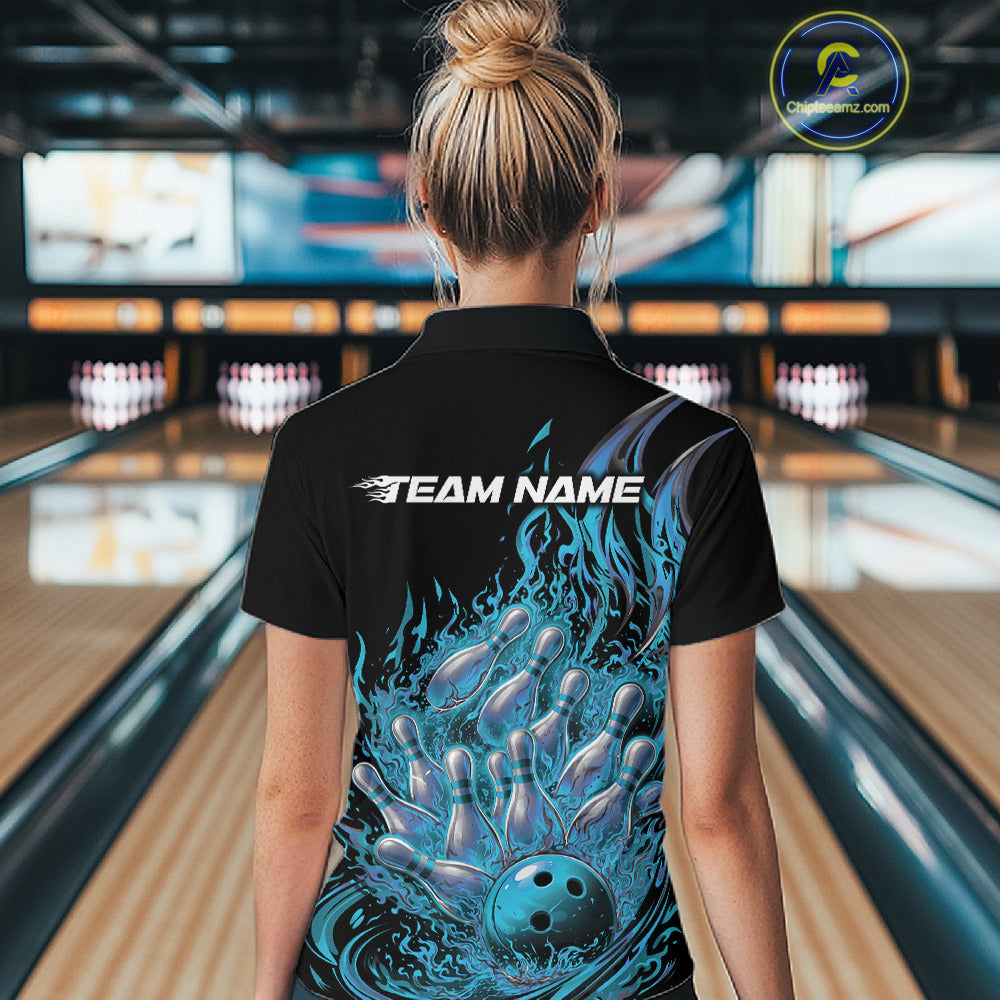 Back view female model wearing polo shirt with flaming bowling ball striking pins purple explosive bowling graphics
