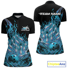 Load image into Gallery viewer, Custom Blue Fire Flame Bowling Women Quarter-Zip Shirts, Bowling Team League Shirt IPHW11138
