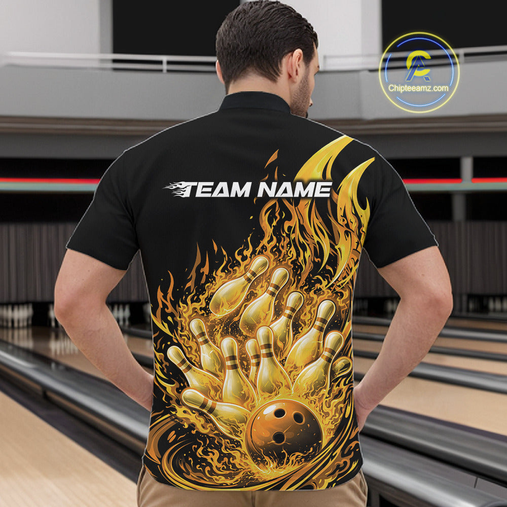 Front view male model in bowling lane wearing quarter-zip shirt featuring flaming bowling ball crashing pins yellow fiery design