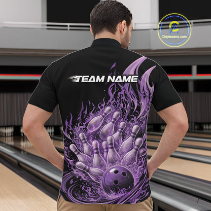 Front view male model in bowling lane wearing quarter-zip shirt featuring flaming bowling ball crashing pins purple dynamic artwork