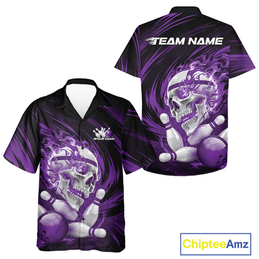 Black and purple bowling shirt with skull design and 'Team Name' text on a white background.
