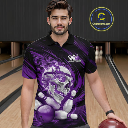 Man wearing a black and purple bowling shirt with a skull design in a bowling alley.