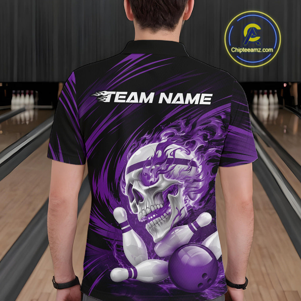 Person wearing a black bowling shirt with a purple skull design and 'Team Name' text at a bowling alley.