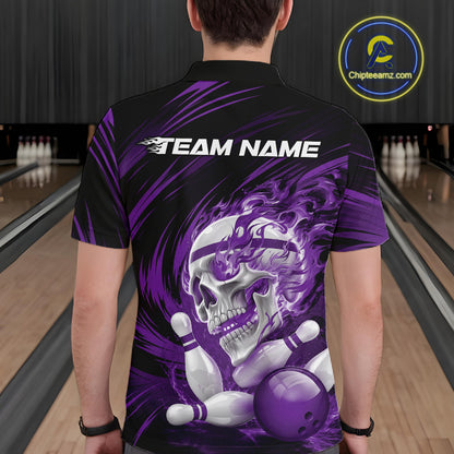 Person wearing a black bowling shirt with a purple skull design and 'Team Name' text at a bowling alley.