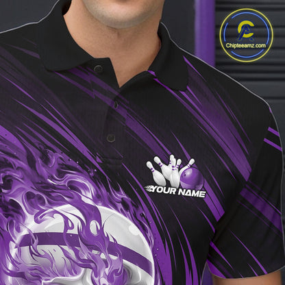 Black and purple bowling shirt with a logo and text on a dark background