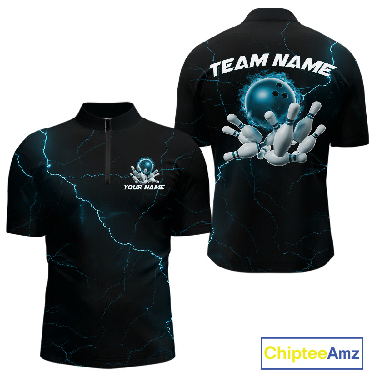 Custom Blue Thunder Lightning Flame Bowling Ball Men Bowling Team Shirt Bowler Outfit IPHW10674