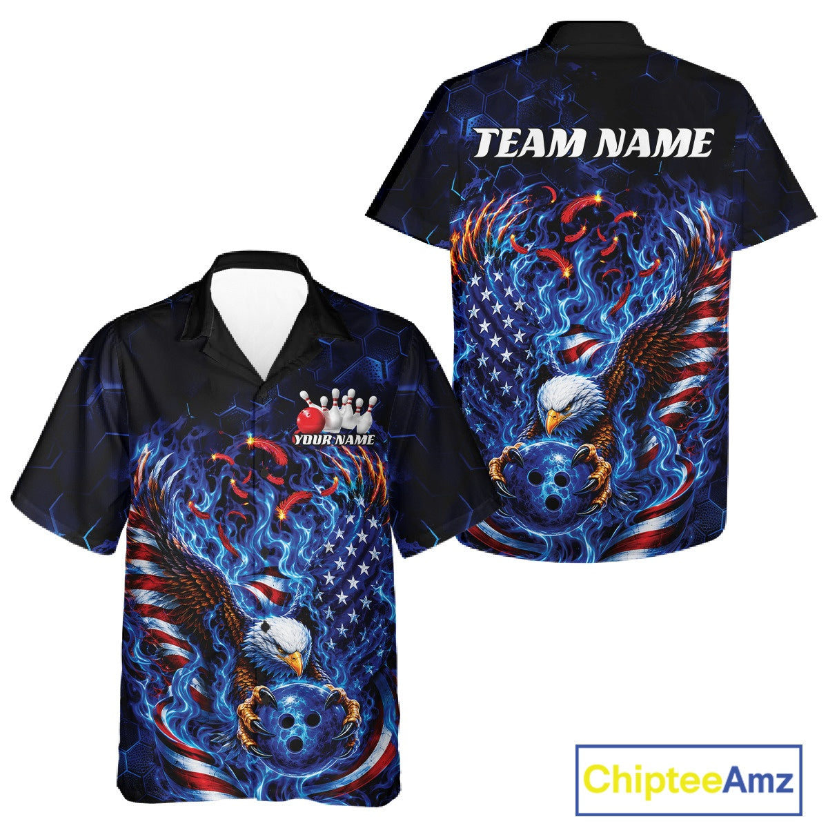 Front and back button up bowling shirt mockup with a flaming bald eagle gripping a blue bowling ball, American flag, and blue flames.