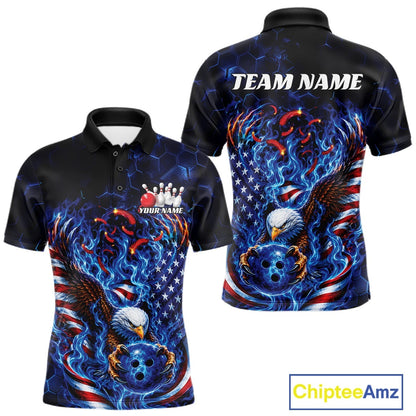 Front and back men’s bowling polo shirt mockup with flaming bald eagle gripping a blue bowling ball, American flag details, and blue flames.