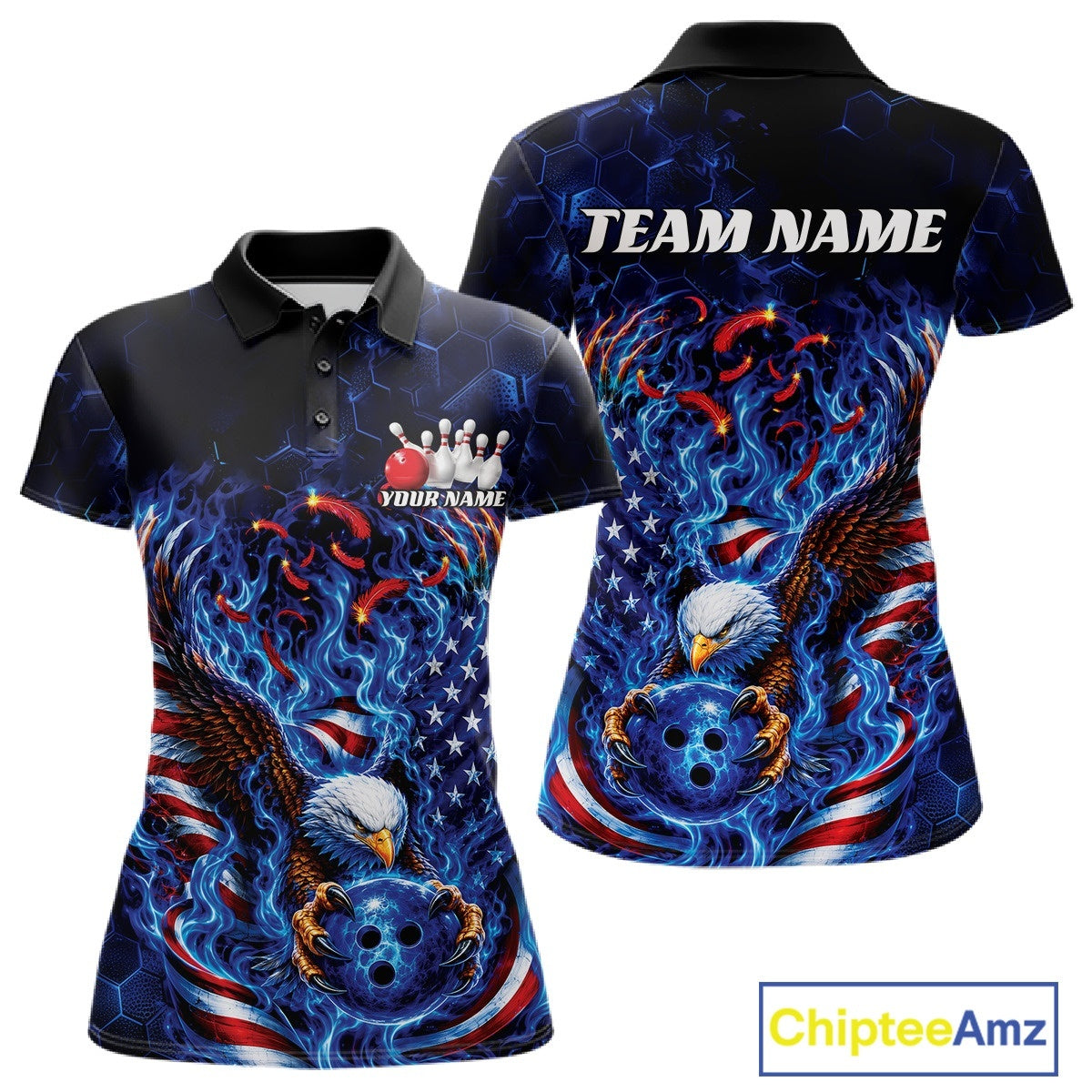 Front and back women’s polo shirt mockup featuring a flaming bald eagle gripping a blue bowling ball with American flag details and blue flames.