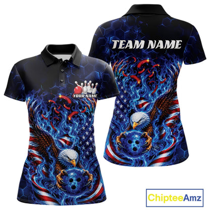 Front and back women’s polo shirt mockup featuring a flaming bald eagle gripping a blue bowling ball with American flag details and blue flames.