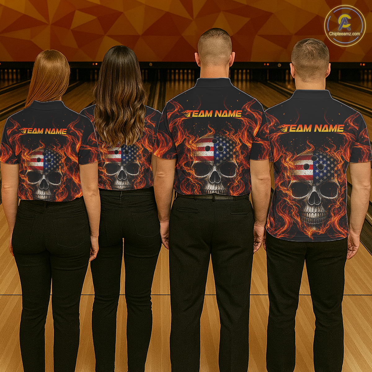 Four people wearing bowling shirts with skull and American flag design on a bowling alley.