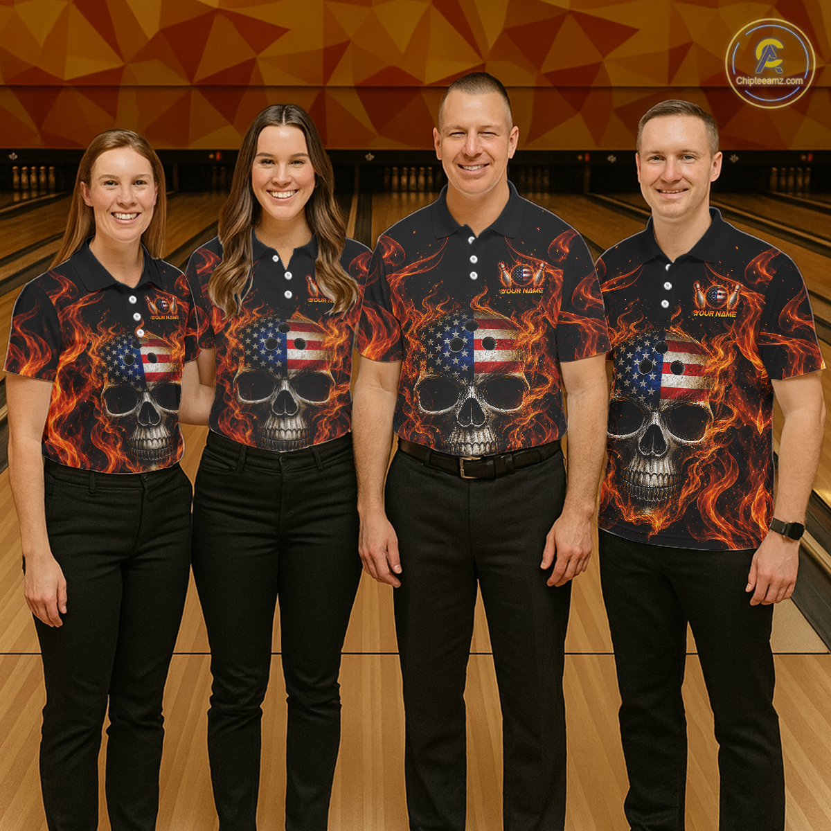Four people wearing matching shirts with a skull and American flag design on a bowling alley.
