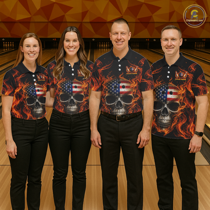 Four people wearing matching shirts with a skull and American flag design on a bowling alley.