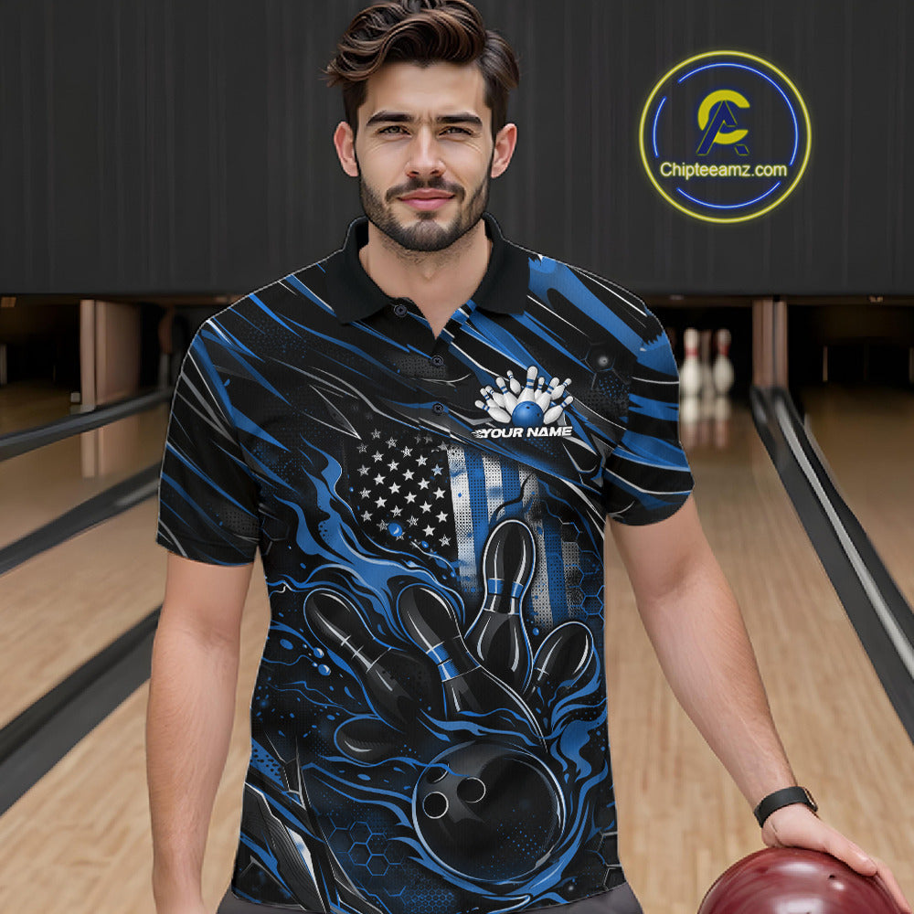 Male model wearing a black and blue bowling polo shirt at a bowling lane with fiery bowling action artwork and patriotic accents.