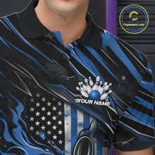Load image into Gallery viewer, Custom Blue American Flag Flame Men Bowling Polo Shirt, Patriotic Bowling Jersey IPHW11176