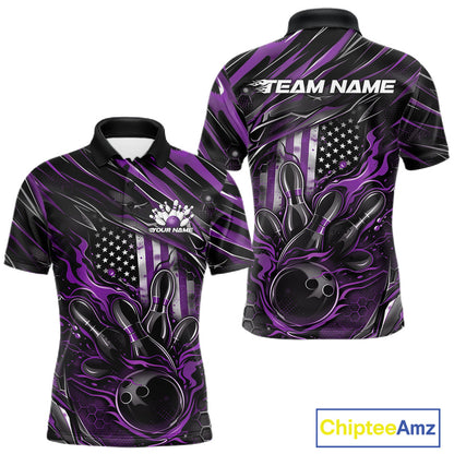 Front and back view of a black and purple men’s bowling polo shirt featuring a patriotic flaming bowling ball striking pins with American flag accents.
