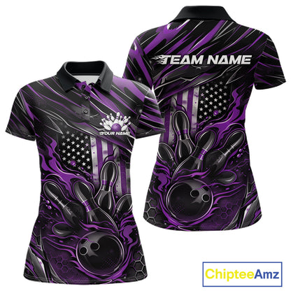 Front and back view of a black and purple women’s bowling polo shirt featuring a patriotic flaming bowling ball striking pins with American flag accents.