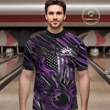 Load image into Gallery viewer, Custom Purple American Flag Flame Men Bowling Quarter-Zip Shirt, Patriotic Bowling Jersey IPHW11177