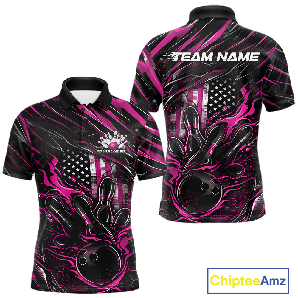 Front and back display of a black and pink men’s bowling polo shirt featuring a patriotic flaming bowling ball striking pins with an American flag theme.