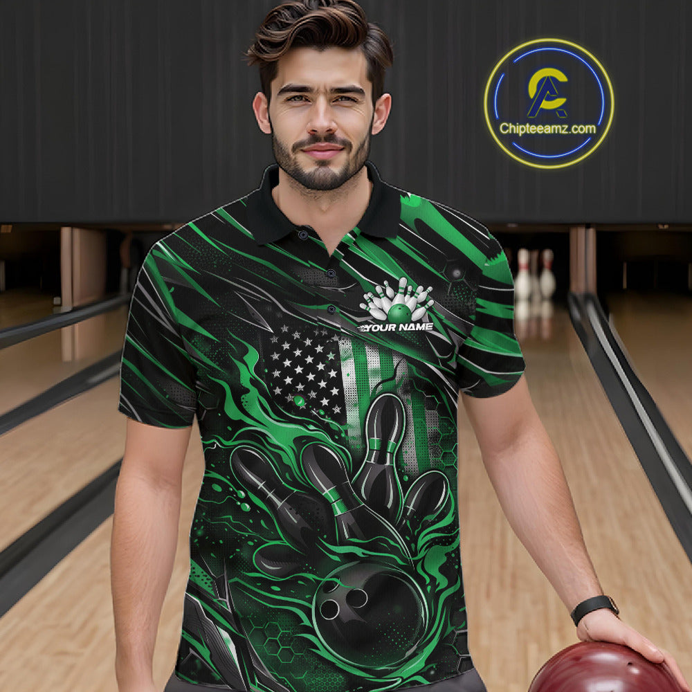 Male model at a bowling lane wearing a black and green bowling polo shirt with patriotic bowling strike artwork and flag-inspired graphics.