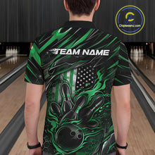 Load image into Gallery viewer, Custom Green American Flag Flame Men Bowling Polo Shirt, Patriotic Bowling Jersey IPHW11179